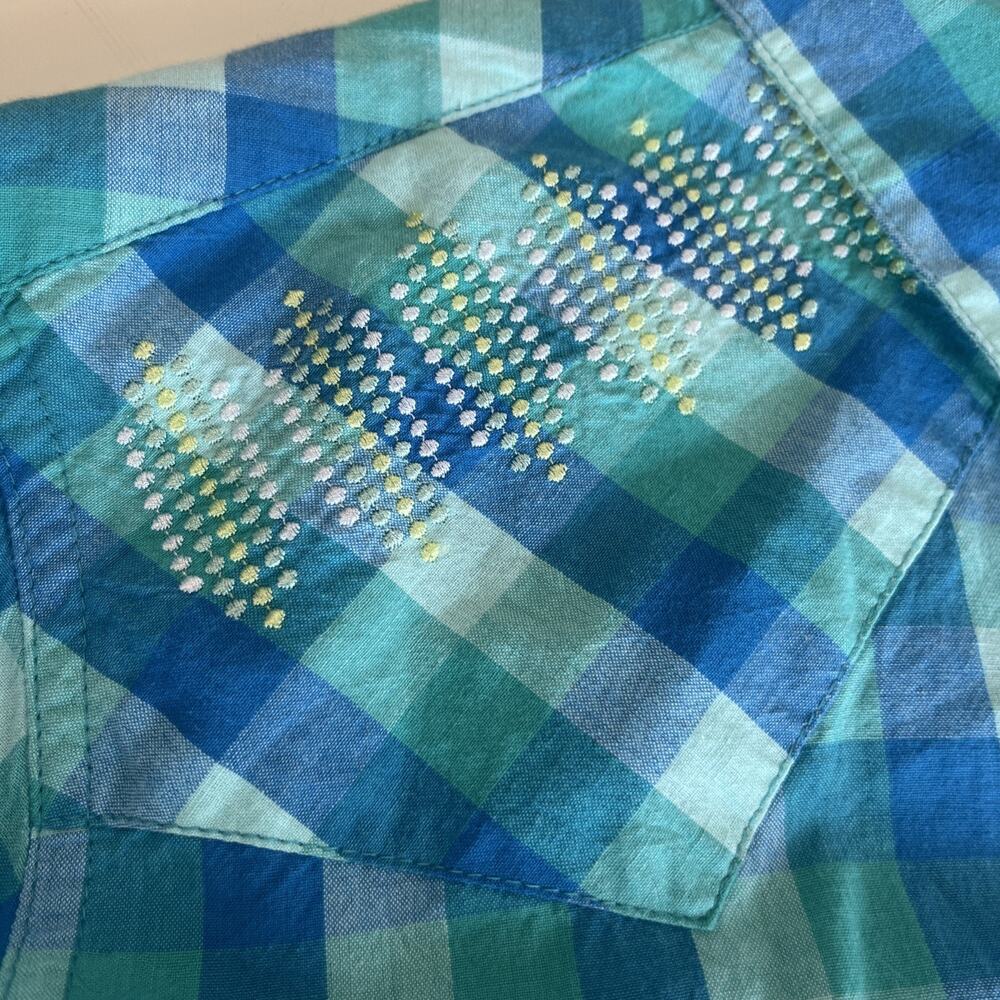 VTG Panhandle Women Snap Front Shirt Turquoise Aztec Beads Roll Tab Large - Picture 3 of 15